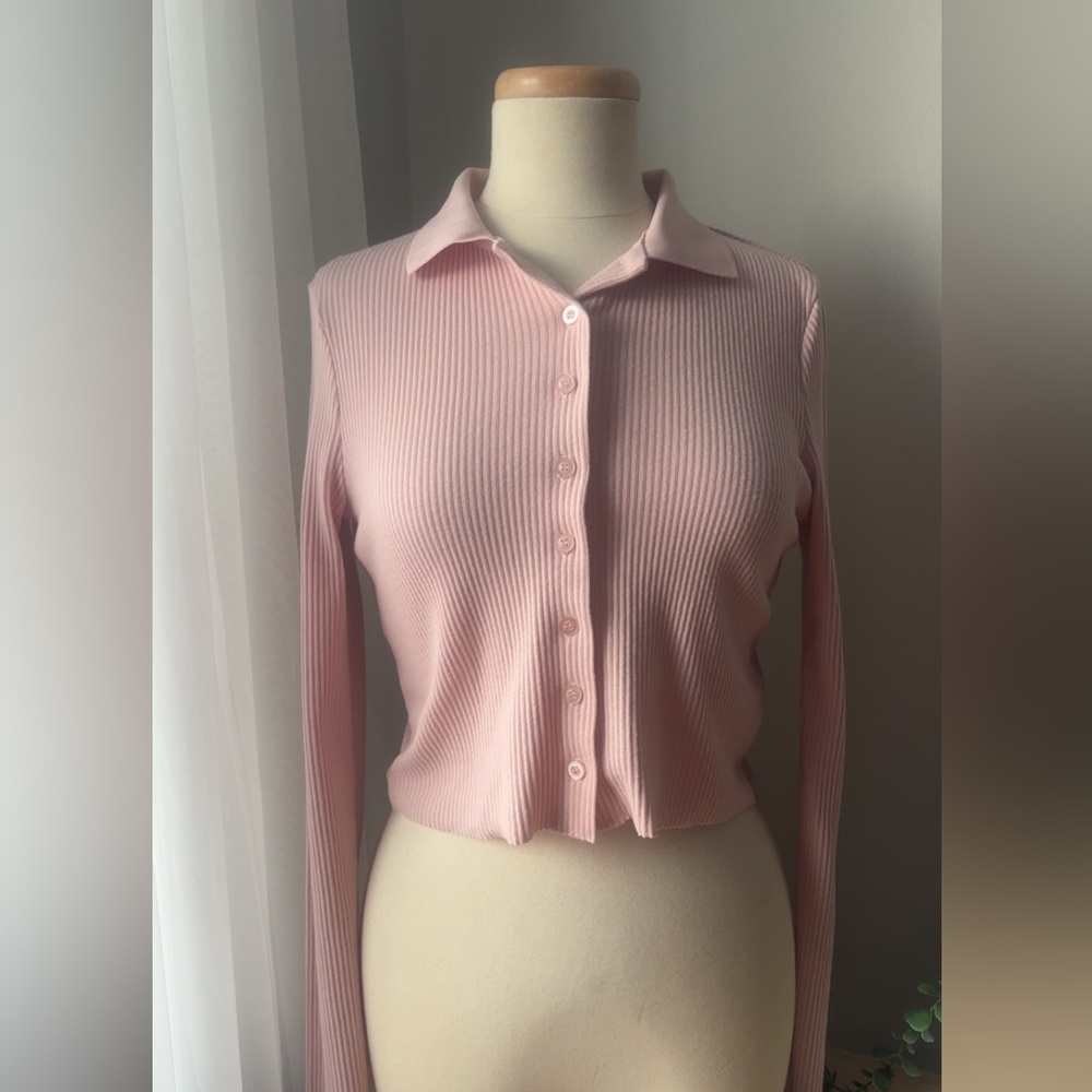 Pink Ribbed Button-Front Long Sleeve Top